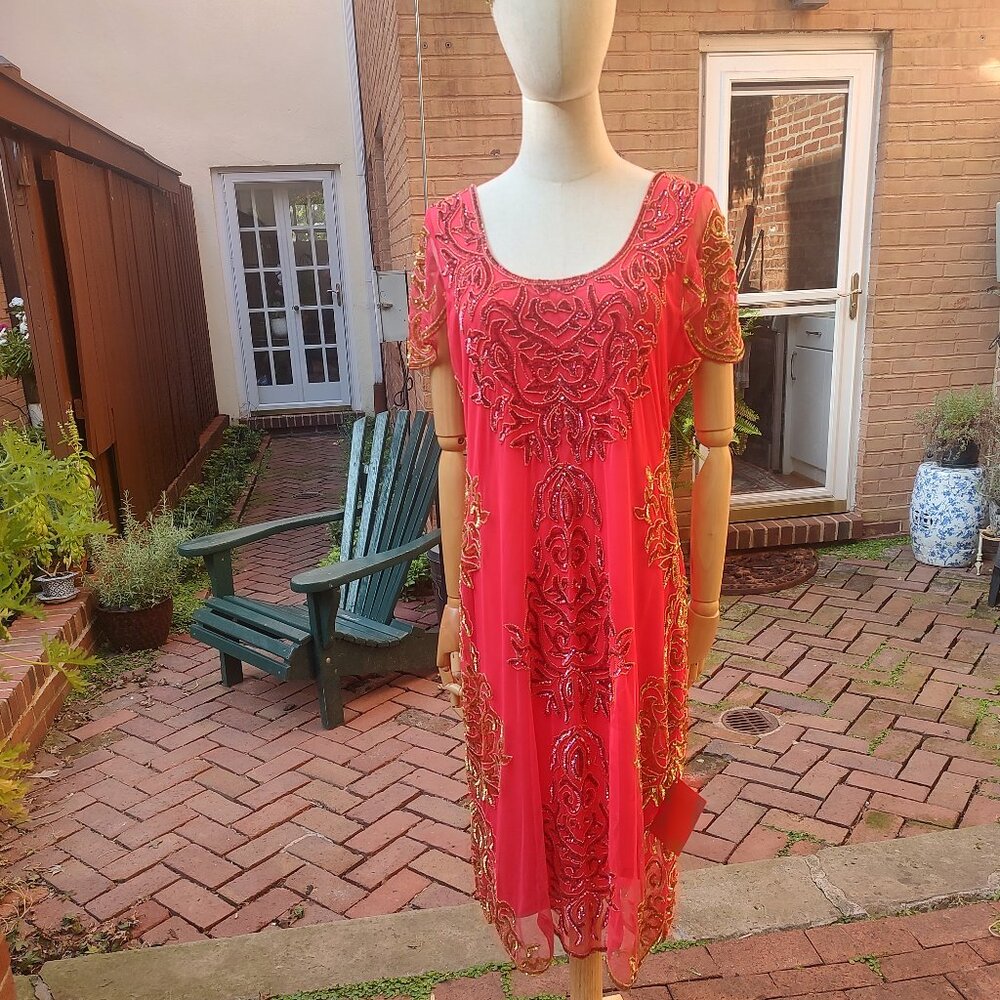 ✨ NWT, Never Worn, Pink & Gold Beaded Dress + Headband | US 12 (UK16, EU 44)